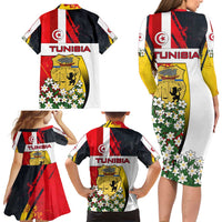 Tunisia Family Matching Long Sleeve Bodycon Dress and Hawaiian Shirt with Camel, Jasmine Flowers, and National Flag Design