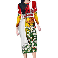 Tunisia Family Matching Long Sleeve Bodycon Dress and Hawaiian Shirt with Camel, Jasmine Flowers, and National Flag Design