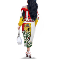 Tunisia Family Matching Off The Shoulder Long Sleeve Dress and Hawaiian Shirt with Camel, Jasmine Flowers, and National Flag Design