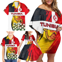 Tunisia Family Matching Off Shoulder Short Dress and Hawaiian Shirt with Camel, Jasmine Flowers, and National Flag Design