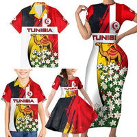 Tunisia Family Matching Short Sleeve Bodycon Dress and Hawaiian Shirt with Camel, Jasmine Flowers, and National Flag Design