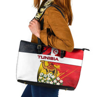 Tunisia Leather Tote Bag with Camel, Jasmine Flowers, and National Flag Design