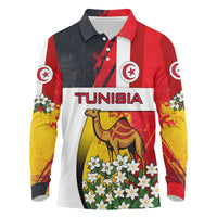 Tunisia Long Sleeve Polo Shirt with Camel, Jasmine Flowers, and National Flag Design