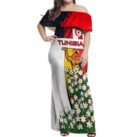 Tunisia Off Shoulder Maxi Dress with Camel, Jasmine Flowers, and National Flag Design