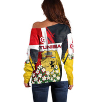 Tunisia Off Shoulder Sweater with Camel, Jasmine Flowers, and National Flag Design