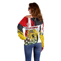 Tunisia Off Shoulder Sweater with Camel, Jasmine Flowers, and National Flag Design