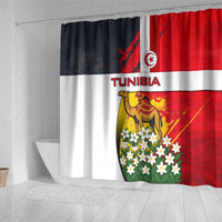 Tunisia Shower Curtain with Camel, Jasmine Flowers, and National Flag Design