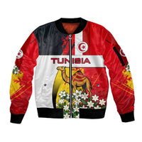 Tunisia Sleeve Zip Bomber Jacket with Camel, Jasmine Flowers, and National Flag Design