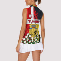 Tunisia Women Sleeveless Polo Shirt with Camel, Jasmine Flowers, and National Flag Design