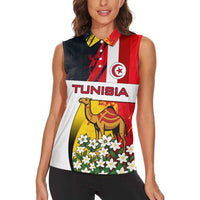 Tunisia Women Sleeveless Polo Shirt with Camel, Jasmine Flowers, and National Flag Design