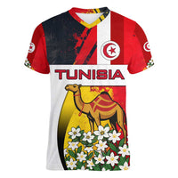 Tunisia Women V-Neck T-Shirt with Camel, Jasmine Flowers, and National Flag Design