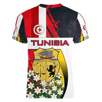 Tunisia Women V-Neck T-Shirt with Camel, Jasmine Flowers, and National Flag Design