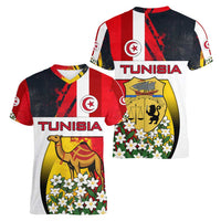 Tunisia Women V-Neck T-Shirt with Camel, Jasmine Flowers, and National Flag Design
