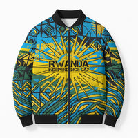 Rwanda Independence Day Bomber Puffer Jacket Tribal Geometric Pattern - National Coat Of Arms And Sunburst