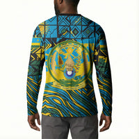 Rwanda Independence Day Button Sweatshirt Tribal Geometric Pattern - National Coat Of Arms And Sunburst