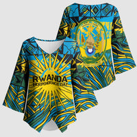 Rwanda Independence Day Kimono Sleeve Blouse Tribal Geometric Pattern - National Coat Of Arms And Sunburst