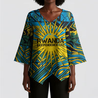 Rwanda Independence Day Kimono Sleeve Blouse Tribal Geometric Pattern - National Coat Of Arms And Sunburst