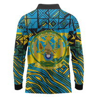 Rwanda Independence Day Long Sleeve Polo Shirt Tribal Geometric Pattern - National Coat Of Arms And Sunburst