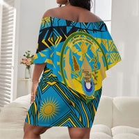 Rwanda Independence Day Off Shoulder Short Dress Tribal Geometric Pattern - National Coat Of Arms And Sunburst