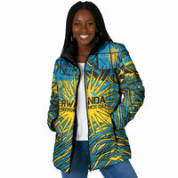 Rwanda Independence Day Padded Jacket Tribal Geometric Pattern - National Coat Of Arms And Sunburst