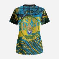 Rwanda Independence Day Scrub Top Tribal Geometric Pattern - National Coat Of Arms And Sunburst