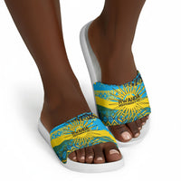 Rwanda Independence Day Slide Sandals Tribal Geometric Pattern - National Coat Of Arms And Sunburst