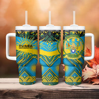 Rwanda Independence Day Tumbler With Handle Tribal Geometric Pattern - National Coat Of Arms And Sunburst