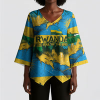 Rwanda Independence Day Kimono Sleeve Blouse Distressed Grunge Flag Design - Broken Chains And 1962 Graphic