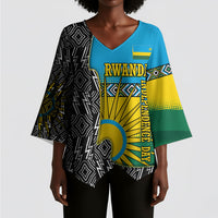 Rwanda Independence Day Unite Paix Progres Kimono Sleeve Blouse African Geometric Pattern - Power Fist And Coffee Branch Art