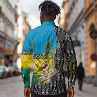 Rwanda Independence Day Unite Paix Progres Long Sleeve Button Shirt African Geometric Pattern - Power Fist And Coffee Branch Art