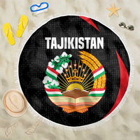 Tajikistan National Emblem Beach Blanket with Black Red Green Tribal Pattern