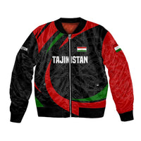 Tajikistan National Emblem Bomber Jacket with Black Red Green Tribal Pattern