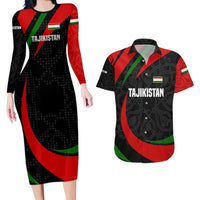Tajikistan National Emblem Couples Matching Long Sleeve Bodycon Dress and Hawaiian Shirt with Black Red Green Tribal Pattern