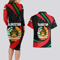 Tajikistan National Emblem Couples Matching Long Sleeve Bodycon Dress and Hawaiian Shirt with Black Red Green Tribal Pattern