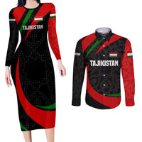 Tajikistan National Emblem Couples Matching Long Sleeve Bodycon Dress and Long Sleeve Button Shirt with Black Red Green Tribal Pattern