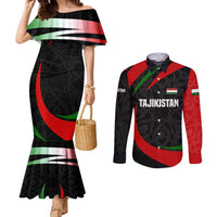 Tajikistan National Emblem Couples Matching Mermaid Dress and Long Sleeve Button Shirt with Black Red Green Tribal Pattern