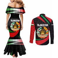 Tajikistan National Emblem Couples Matching Mermaid Dress and Long Sleeve Button Shirt with Black Red Green Tribal Pattern