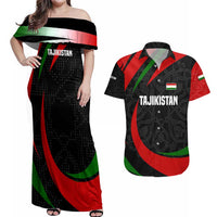 Tajikistan National Emblem Couples Matching Off Shoulder Maxi Dress and Hawaiian Shirt with Black Red Green Tribal Pattern