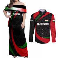 Tajikistan National Emblem Couples Matching Off Shoulder Maxi Dress and Long Sleeve Button Shirt with Black Red Green Tribal Pattern
