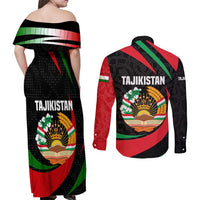 Tajikistan National Emblem Couples Matching Off Shoulder Maxi Dress and Long Sleeve Button Shirt with Black Red Green Tribal Pattern