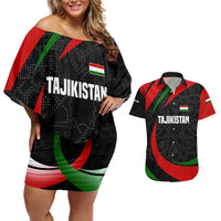 Tajikistan National Emblem Couples Matching Off Shoulder Short Dress and Hawaiian Shirt with Black Red Green Tribal Pattern