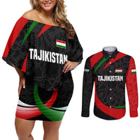 Tajikistan National Emblem Couples Matching Off Shoulder Short Dress and Long Sleeve Button Shirt with Black Red Green Tribal Pattern