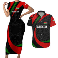Tajikistan National Emblem Couples Matching Short Sleeve Bodycon Dress and Hawaiian Shirt with Black Red Green Tribal Pattern