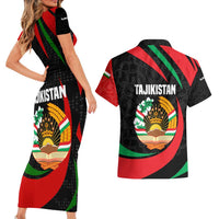 Tajikistan National Emblem Couples Matching Short Sleeve Bodycon Dress and Hawaiian Shirt with Black Red Green Tribal Pattern