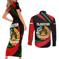 Tajikistan National Emblem Couples Matching Short Sleeve Bodycon Dress and Long Sleeve Button Shirt with Black Red Green Tribal Pattern