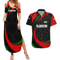 Tajikistan National Emblem Couples Matching Summer Maxi Dress and Hawaiian Shirt with Black Red Green Tribal Pattern