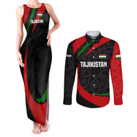 Tajikistan National Emblem Couples Matching Tank Maxi Dress and Long Sleeve Button Shirt with Black Red Green Tribal Pattern