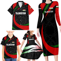 Tajikistan National Emblem Family Matching Long Sleeve Bodycon Dress and Hawaiian Shirt with Black Red Green Tribal Pattern