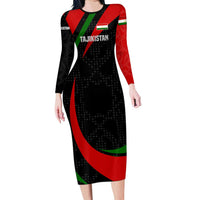 Tajikistan National Emblem Family Matching Long Sleeve Bodycon Dress and Hawaiian Shirt with Black Red Green Tribal Pattern