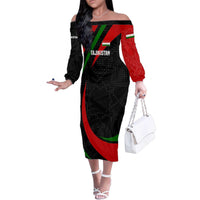 Tajikistan National Emblem Family Matching Off The Shoulder Long Sleeve Dress and Hawaiian Shirt with Black Red Green Tribal Pattern